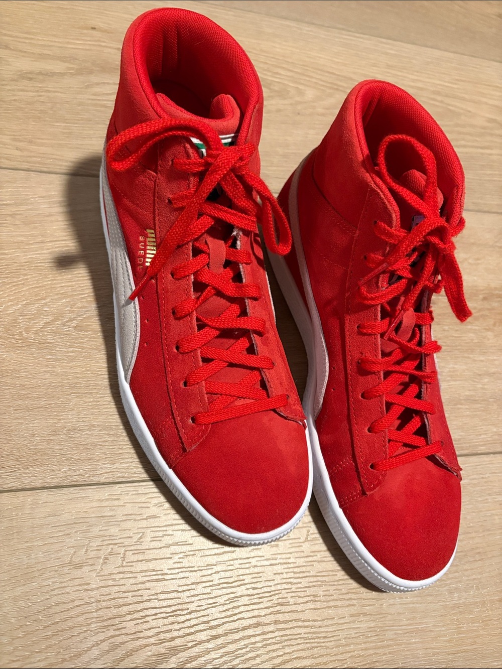 Puma Red Suede Mid-Top Sneakers with White Formstrip worn once like new